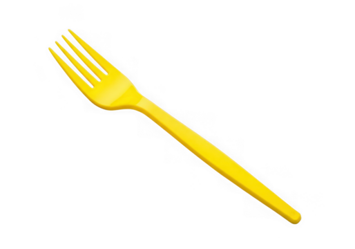 Single yellow plastic fork isolated on transparent background