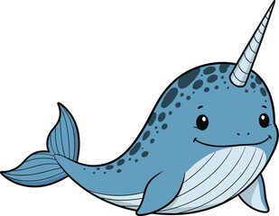 Cute cartoon narwhal illustration, smiling sea animal, blue ocean creature, spiral tusk, marine wildlife, adorable vector, playful underwater character © Hey There