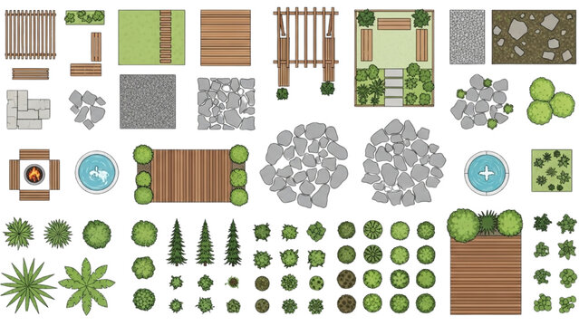 Top-down view of a landscaped garden with furniture, pathways, and water features