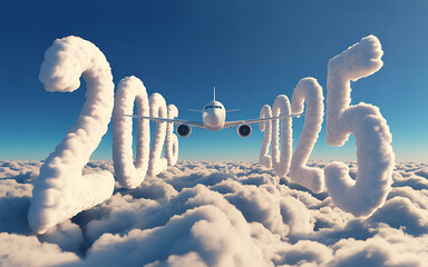 Commercial plane flying with 2026 and 2025 writing on clouds
