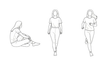 Collection of a young woman in various poses, sitting, walking, and running, illustrated in a clean line art style