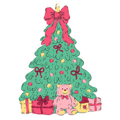 Christmas tree with big bow, gifts and teddy bear. Vintage Christmas ornament, hand drawn. Pink, green, yellow colors. Cute vector illustration, isolated.