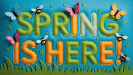 Bright spring season display with colorful letters and cheerful insects celebrating the arrival of warmer days