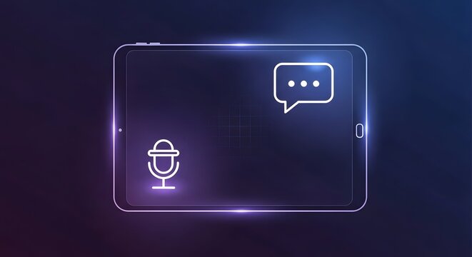 Tablet interface with microphone and speech bubble icons