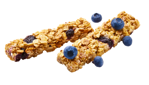Two energy bars with blueberries falling on transparent background