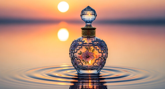 An ornate, clear glass perfume bottle with floral etchings and a faceted stopper sits in calm water, creating ripples, with the setting sun reflecting on the serene horizon.