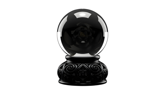 A dark, reflective sphere sits on an intricately carved black stand, centered against a transparent  background.
