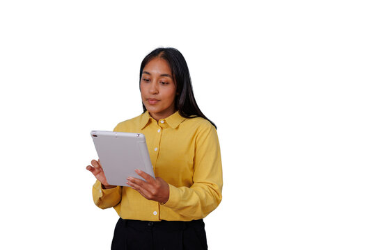 Young hispanic businesswoman using a digital tablet for business communication and analytics, working with technology