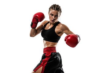 Powerful female boxer in red gloves and a fighting stance
