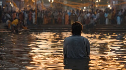 Man Standing in Sacred River During Spiritual Ritual at Sunset