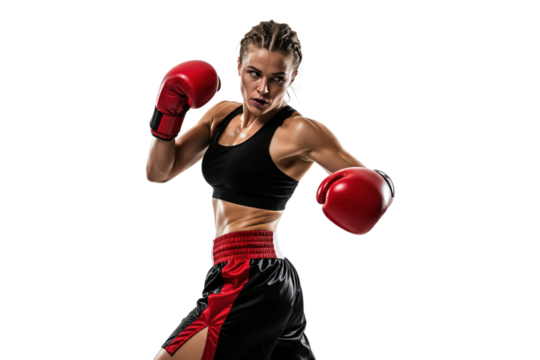 Powerful female boxer in red gloves and a fighting stance - Powered by Adobe