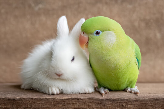 Whispering Friends: A Vibrant Green Parrot and a Fluffy White Baby Rabbit