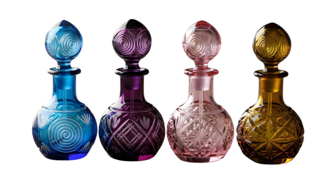 Four vibrant, intricately carved glass perfume bottles with matching ornate stoppers, colored blue, purple, pink, and amber, are lined up against transparent  background.
