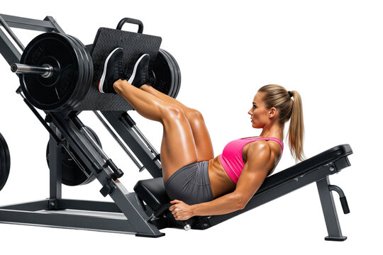 Muscular woman exercising on a leg press machine in the gym - Powered by Adobe