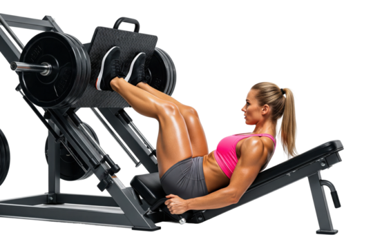 Muscular woman exercising on a leg press machine in the gym