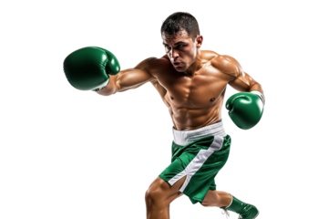 Muscular shirtless boxer in green gloves throwing a punch