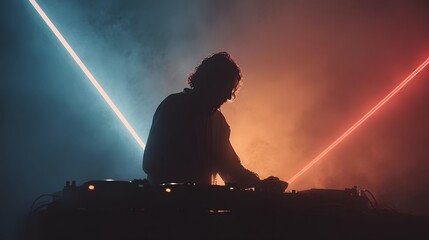 DJ Performing on Stage with Colorful Laser Lights and Smoke Effects
