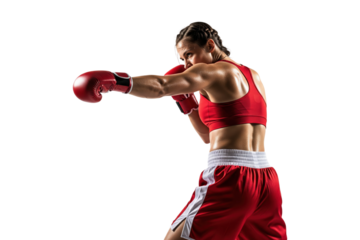 Rear view of a female boxer in red throwing a powerful punch
