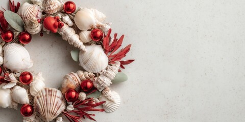 Handmade wreath of seashells and red ornaments lies on sandy beach background. A tropical twist on traditional Christmas decor for coastal holiday vibes.