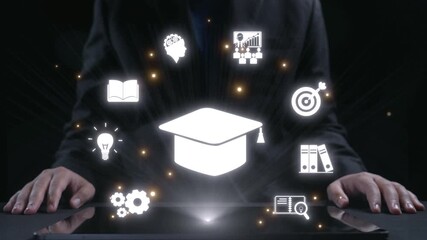 Visual representation of digital learning featuring a graduation cap and various educational icons, symbolizing knowledge and achievement in modern technology. Qubit - Powered by Adobe