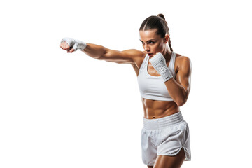 Muscular female fighter with hand wraps throwing a punch