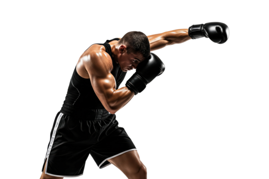 Muscular male boxer in a defensive pose blocking a punch