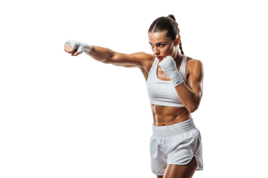 Muscular female fighter with hand wraps throwing a punch