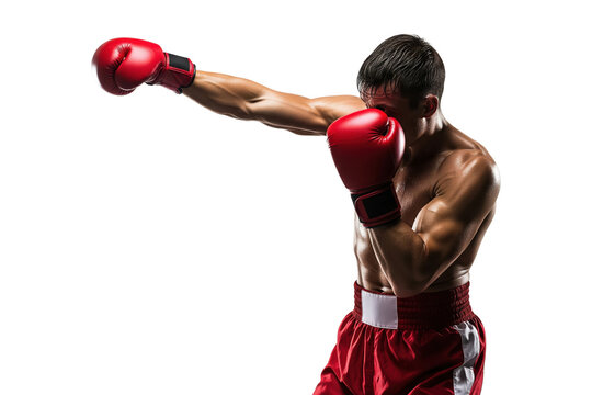 Shirtless male boxer in red gloves throwing a punch in the studio