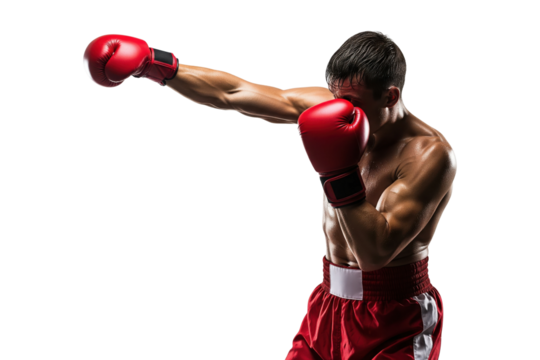 Shirtless male boxer in red gloves throwing a punch in the studio - Powered by Adobe