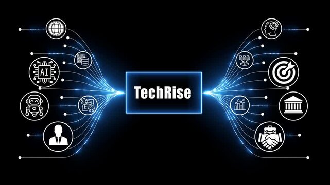 tech rise network, business and technology concept on black background 