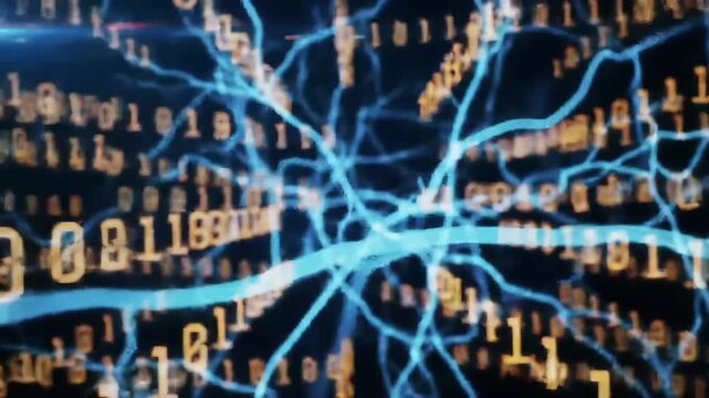 Abstract digital network connections with glowing binary code data , Futuristic digital network with glowing binary data streams and neural pathways, Abstract AI technology background. - Powered by Adobe