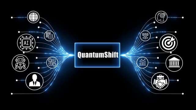 quantum shift network, business and technology concept on black background 