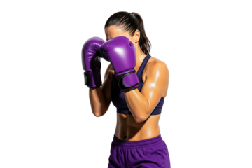 Female boxer in purple gloves holding a defensive guard pose