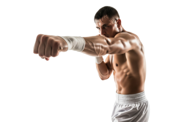 Male fighter with taped fists throwing a punch in the studio