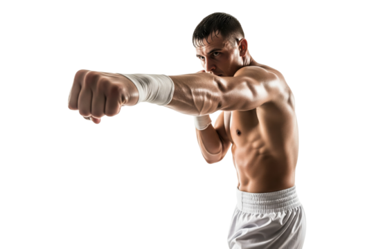 Male fighter with taped fists throwing a punch in the studio