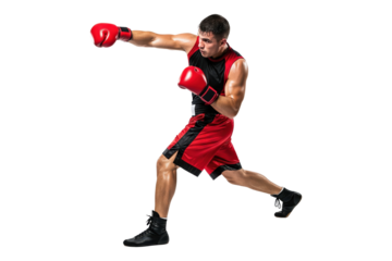 Full length shot of a male boxer in red and black throwing a punch