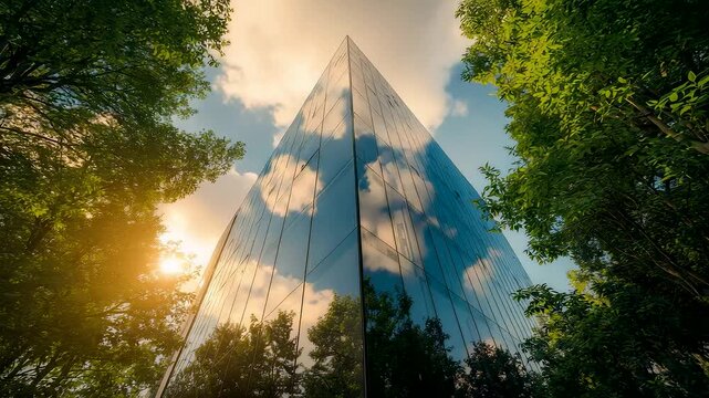 Modern glass skyscraper reflecting clouds and sunlight surrounded by green trees showing harmony between architecture nature and environment