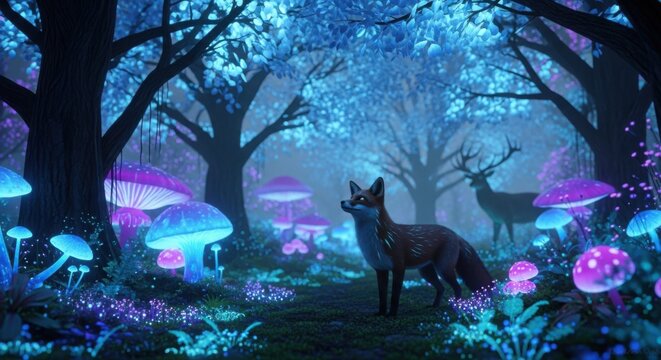 Enchanting fox in a magical forest with glowing mushrooms and deer
