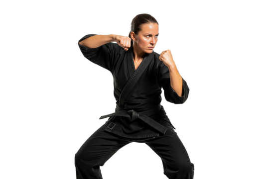 Confident female martial artist with a black belt in a fighting stance