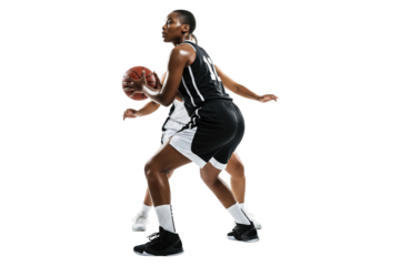 Set of two female basketball players competing for the ball