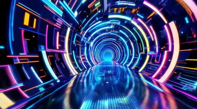 A neon, glitch infused tunnel stretching into the horizon, each twist and turn following the rhythm of digital music  