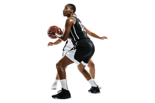 Set of two female basketball players competing for the ball - Powered by Adobe