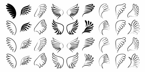Collection of diverse hand drawn black and white angel and bird wing illustrations isolated on white background