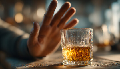 refuses say no and avoid to drink an alcohol, hand show reject and stopping, alcoholism treatment, alcohol addiction, quit booze, Stop Drinking Alcohol