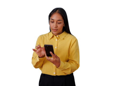 Woman browsing social media on smartphone, checking messages, online communication, digital connection on transparent background