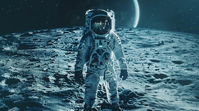 Astronaut standing on a celestial body surface with a planet in the distance