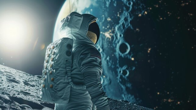 An astronaut stands on a celestial body gazing at a distant cosmic sphere image
