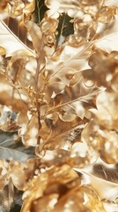 Gold-sprayed holly branches create a luxurious and festive atmosphere, showcasing intricate leaf details and shimmering textures, perfect for holiday decor and seasonal celebrations