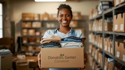 Smiling volunteer holding donation box with folded clothes inside charity organization warehouse promoting kindness and community support