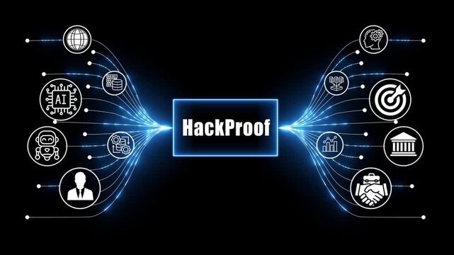 hack proof network, business and technology concept on black background 